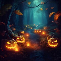 Mystical Glowing Pumpkin Lanterns in Dark Forest, Spooky Halloween Night, Eerie Jack-O-Lanterns Amidst Leafy Path, Festive Autumn Decor, Enchanted Forest Scene for Holiday Fantasy