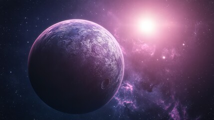 Blue and Pink Planet with Two Suns in Deep Space