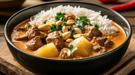 A steaming bowl of Thai Beef Massaman Curry with tender chunks of beef, potatoes, and peanuts, served with a side of jasmine rice and garnished with fresh herbs