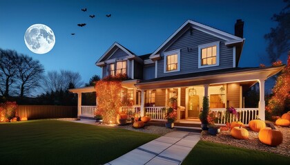 Nighttime Halloween Decorations House Exterior
