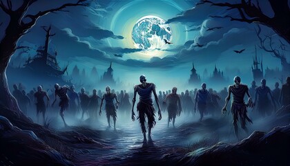 Nighttime Zombie Horde Under Full Moon, Digital Art, Halloween Theme, Spooky Atmospheric Crowd of Zombies Walking in Misty Night, Eerie Horror Concept Illustration