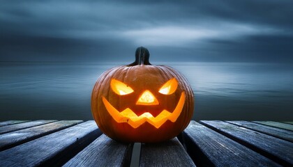 One spooky halloween pumpkin, Jack O Lantern, with an evil face and eyes on a wooden bench, table with a misty gray coastal night background with space for product placement