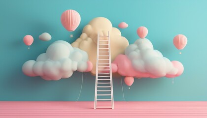 Pastel Skyward Journey with Ladder, Balloons, and Clouds for Growth, Development, and Future Aspirations Concept in Minimal Composition