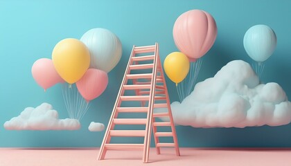 Pastel Skyward Journey with Ladder, Balloons, and Clouds for Growth, Development, and Future Aspirations Concept in Minimal Composition