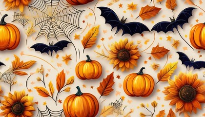 Seamless Fall Halloween Pattern with Glitter Pumpkins, Bats, Spider Webs, Sunflowers, and Autumn Leaves