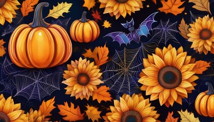 Seamless Fall Halloween Pattern with Glitter Pumpkins, Bats, Spider Webs, Sunflowers, and Autumn Leaves