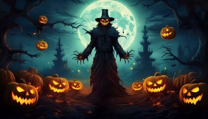 Sinister Halloween Figure with Jack-o'-Lanterns and Full Moon in Haunted Setting