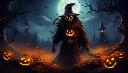 Sinister Halloween Figure with Jack-o'-Lanterns and Full Moon in Haunted Setting