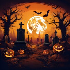 Spooky Halloween Night Cemetery Scene with Full Moon, Jack-O'-Lanterns, and Bats Against an Orange Sky