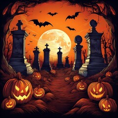 Spooky Halloween Night Cemetery Scene with Full Moon, Jack-O'-Lanterns, and Bats Against an Orange Sky