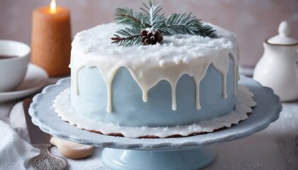 White Frosted Cake with Blue Drizzle and Snowflake Decoration for Winter Holiday