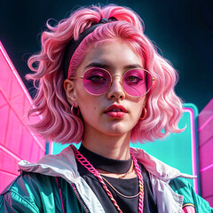 Obraz premium Neon Dreams: A Cyberpunk Girl's Digital Odyssey
