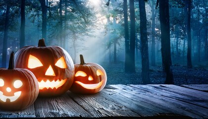 Spooky Halloween Pumpkins with Glowing Faces on Wooden Surface in Enchanted Forest at Night, Eerie Autumn Vibes, Candlelit Jack-O'-Lanterns in Misty Woodland, Perfect For Halloween Themes