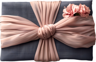 Chusoek, a Korean traditional holiday bojagi present beautifully wrapped with a blue silky wrapping cloth, with an elegant and luxurious feel