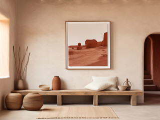 Wabi sabi and japandi japanese style rustic interior in in white, neutral and terracotta with wood, pottery and texture elements