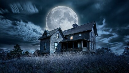 Spooky Haunted House Under Full Moon with Cloudy Night Sky, Eerie Atmosphere, and Dark Shadows for Halloween Themes
