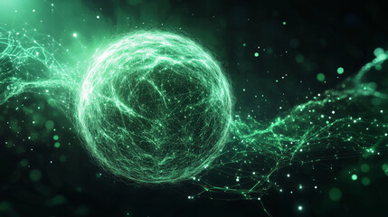 Abstract green energy sphere of particles and waves of magical glowing on a dark background