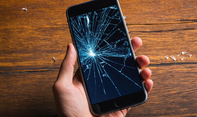 A hand holds a smartphone with a shattered screen, the cracks radiating outwards from a central point