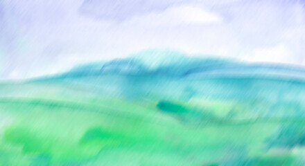 Watercolor blurry abstract background. The outlines of a field, sky, hill, mountain. Summer, country landscape, background for your design, banner Summer landscape  background. Abstract splash 