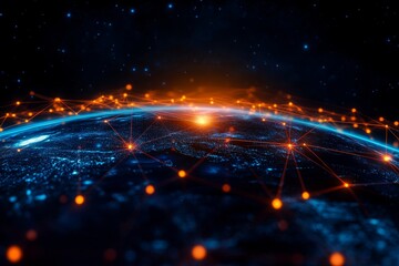 Obraz premium A digital representation of a global network, highlighting connections between cities and countries. It symbolizes globalization, interconnectedness, communication, technology, and the flow of informa