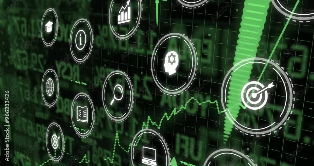 Poster animation of business icons over financial data processing on black background
