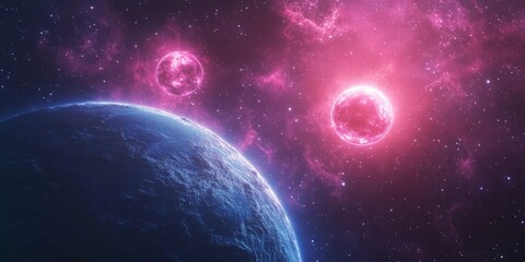 Obraz premium Blue and Pink Planet with Two Suns in Deep Space