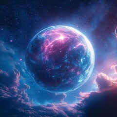 Obraz premium Blue and Pink Planet with Two Suns in Deep Space