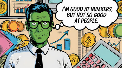 A comic-style illustration of an accountant with a green face, wearing glasses and a white shirt. He is standing in a room with various financial symbols such as coins, dollars, and graphs.