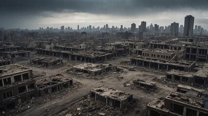 Fototapeta premium Desolate cityscape with ruined buildings under ominous clouds, depicting an apocalyptic environment.