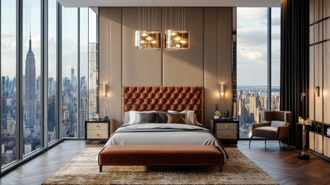 A stylish bedroom with a chic, tufted headboard, elegant pendant lights, and a luxurious rug, set in a modern urban apartment with city views visible through the window