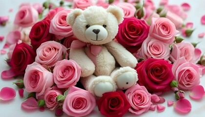 Cozy teddy bear surrounded by vibrant pink and red roses, perfect for a romantic Valentines Day gift or decorative backdrop