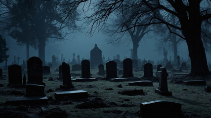 Eerie cemetery at night with tombstones, bare trees, and mist creating a haunting atmosphere.