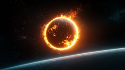 Fototapeta premium A fiery ring encircles a planet, burning brightly against the backdrop of a vast, star-filled space. This image symbolizes the power of nature, the potential for destruction, and the beauty of celesti