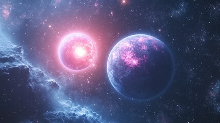 Obraz premium Blue and Pink Planet with Two Suns in Deep Space