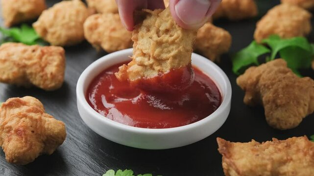 Dipping chicken nuggets in ketchup sauce