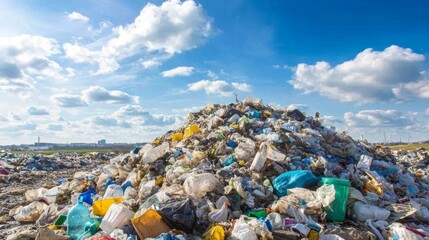 Plastic waste fills a garbage dump under a bright sky, showcasing pollution issues