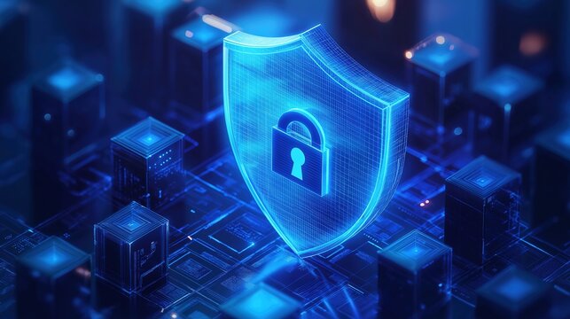 Blue online security concept with artificial intelligence system in isometric view, 3D illustration with transparent frosted glass texture, shield icon for protection and lock symbol for securit