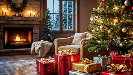 Christmas eve in a cozy rustic home, decorated living room with christmas tree, gifts, chimney, fire place, garlands, festive, new year video, greeting card.