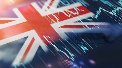 The Union Jack flag is superimposed over a stock market chart.