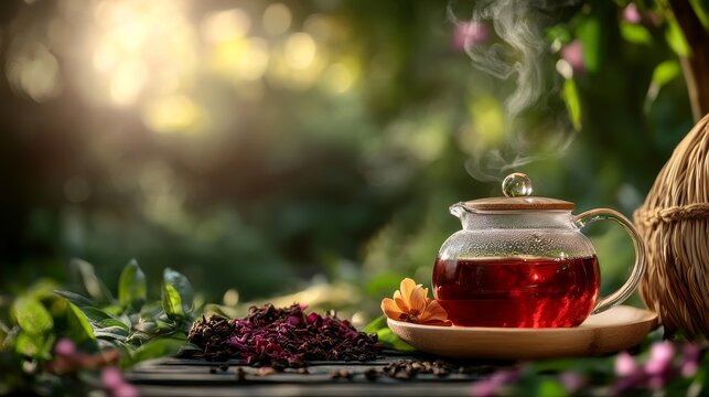 A glass teapot filled with steaming red tea rests on a wooden surface, surrounded by vibrant greenery and dried tea leaves, symbolizing tranquility, nature, wellness, and the enjoyment of a warm bever