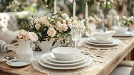 Elegant table setting with white plates and peach roses centerpiece on wooden table