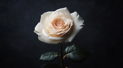 A single white rose with a subtle gradient of blush pink, placed on a dark, elegant background, emphasizing its purity and sophistication