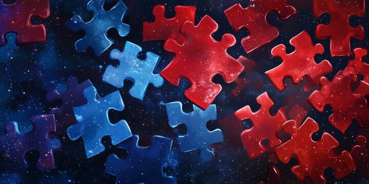 Surreal red and blue puzzle pieces floating in space symbolize political ideologies and connections