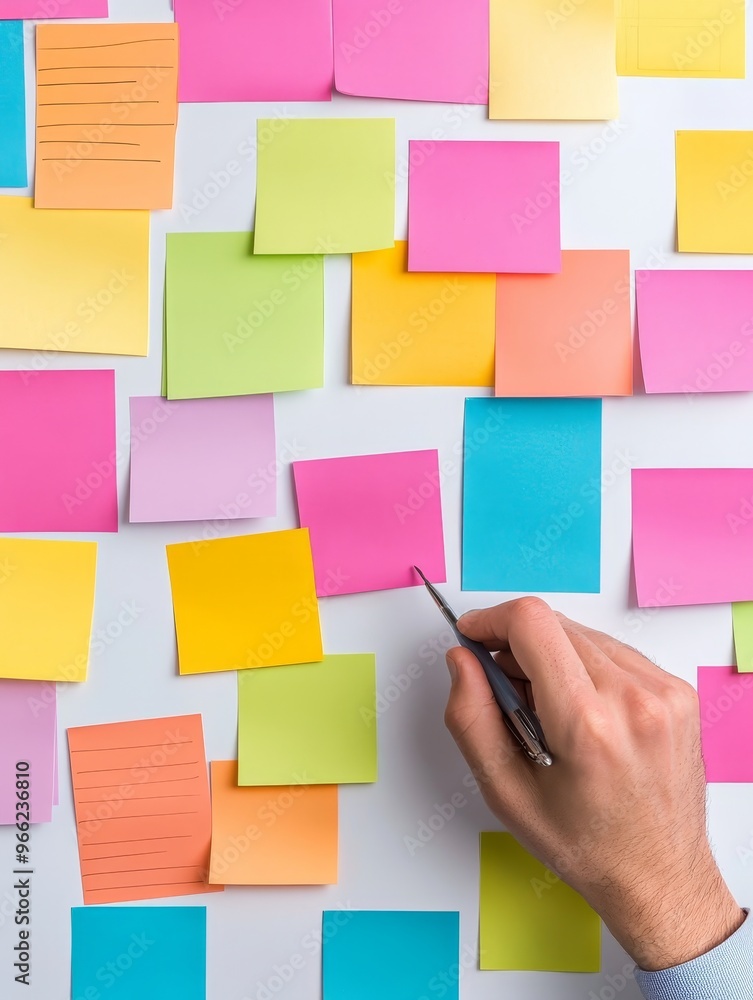 Poster a hand points to a sticky note, suggesting a collaborative brainstorming session with colorful notes