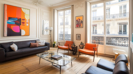 Modern interior living room with abstract paintings and city view