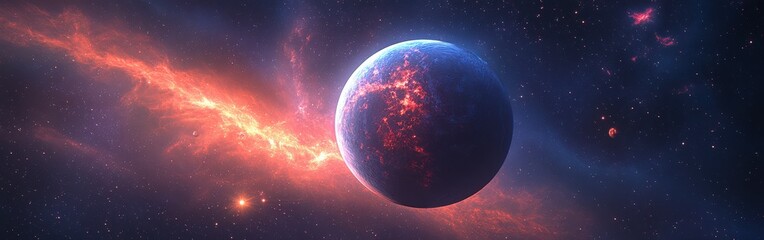 Obraz premium Blue and Pink Planet with Two Suns in Deep Space