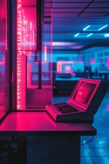 Nostalgic Fusion: A 1980s Computer Terminal AmidstFuturistic Office Atmosphere