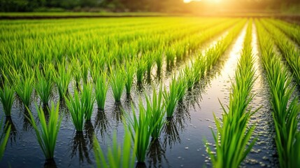 Fototapeta premium A traditional rice field with water-filled paddies and vibrant green rice plants, reflecting the importance of water management in rice cultivation and agricultural practices.