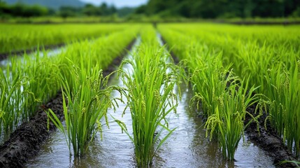 Fototapeta premium A traditional rice field with water-filled paddies and vibrant green rice plants, reflecting the importance of water management in rice cultivation and agricultural practices.