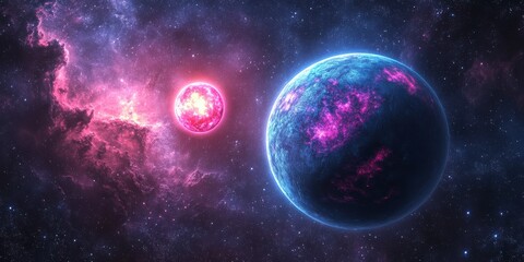 Obraz premium Blue and Pink Planet with Two Suns in Deep Space